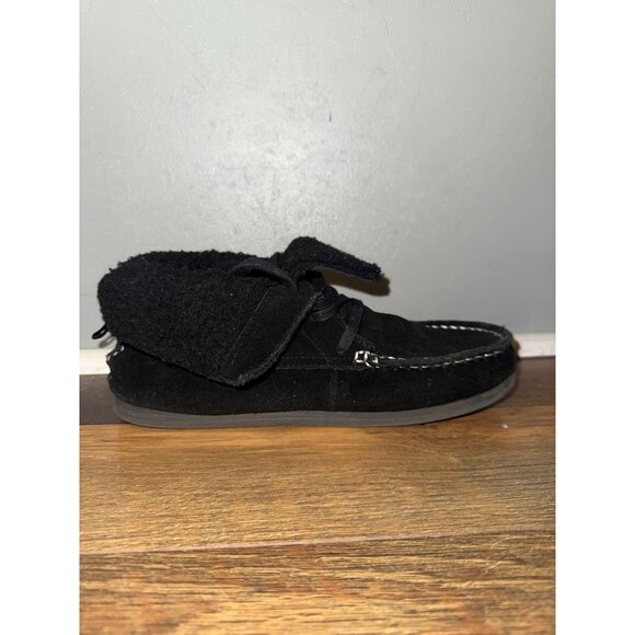 American Eagle Black Genuine Cow Suede Faux Fur Ankle Moccasin Booties Sz 9 - Picture 5 of 14